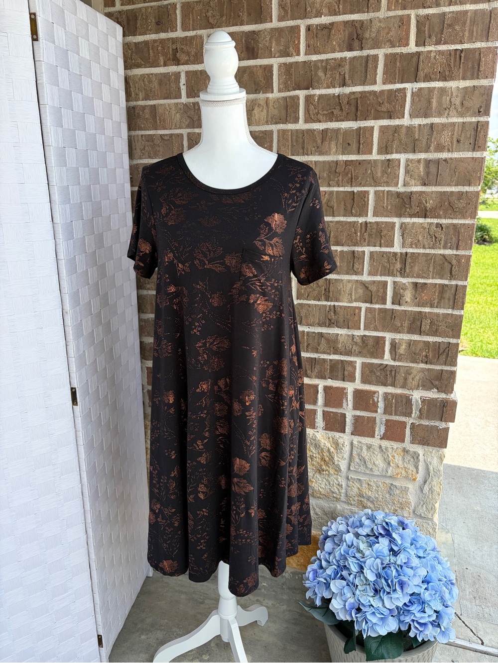 LuLaRoe Black Elegant Carly Dress with Copper Floral Print - High Low